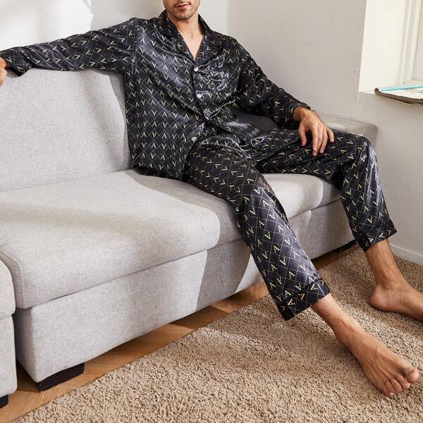 

Men Letter Graphic Satin Pajama Set, Black