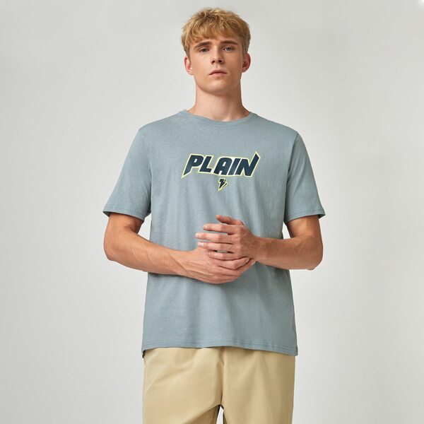 

Men Letter Graphic Round Neck Tee, Teal blue