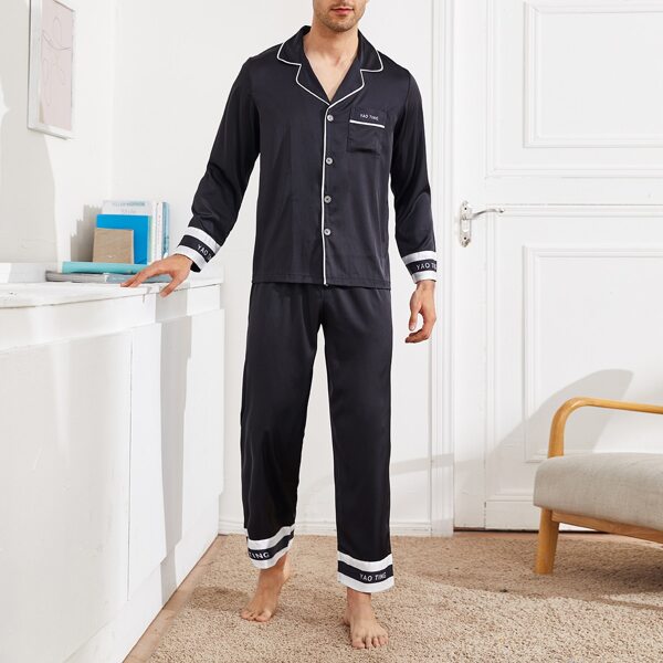 

Men Letter Graphic Satin Pajama Set, Black