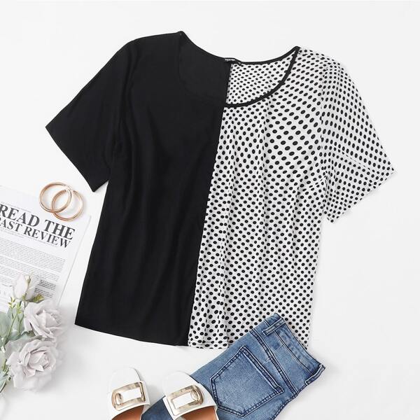 

Plus Two Tone Polka Dot Tee, Black and white