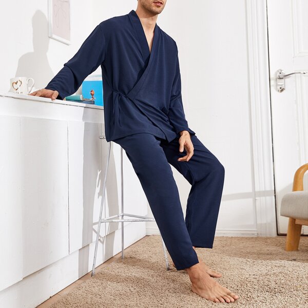

Men Knot Wrap Top With Pants PJ Set, Navy blue