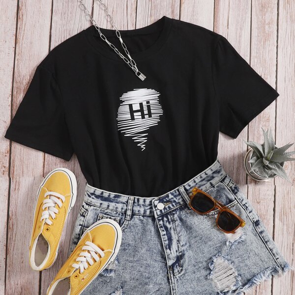 

Letter Graphic Round Neck Tee, Black