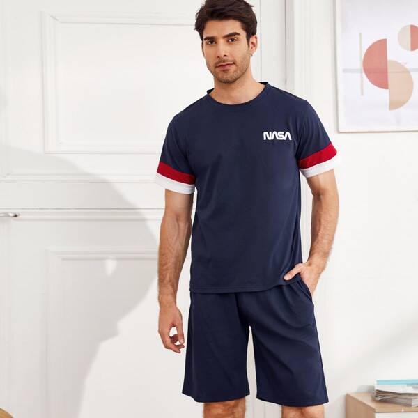 

Men Letter Graphic PJ Set, Navy blue