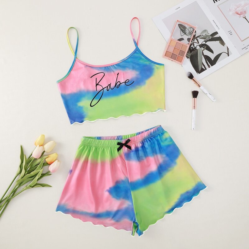 

Letter And Tie Dye Print Cami Pajama Set, Multicolor