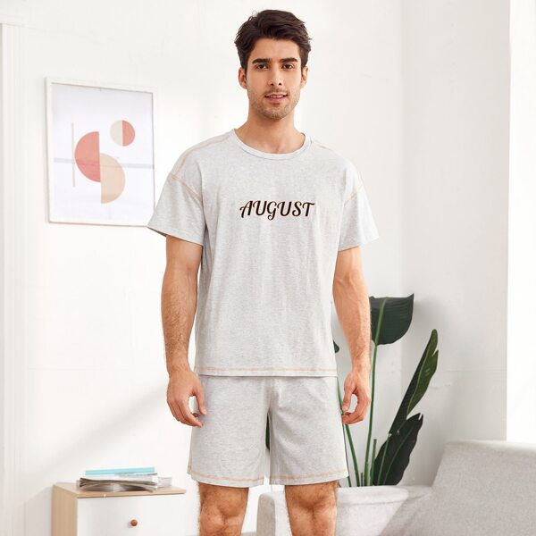 

Men Letter Graphic Topstitching PJ Set, Light grey