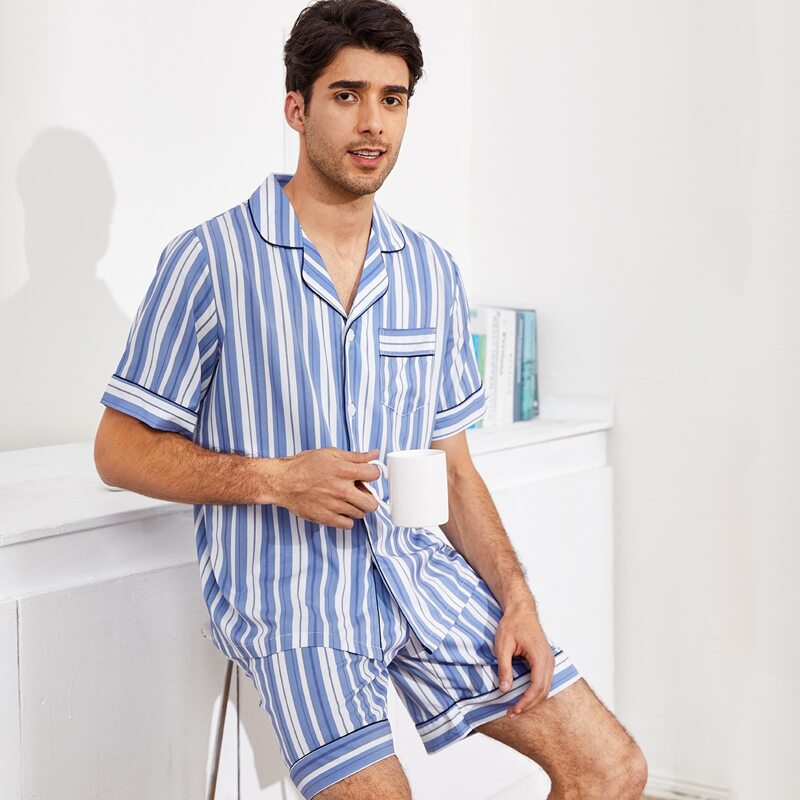 

Guys Striped Print Lapel Collar Button Front PJ Set, Blue and white