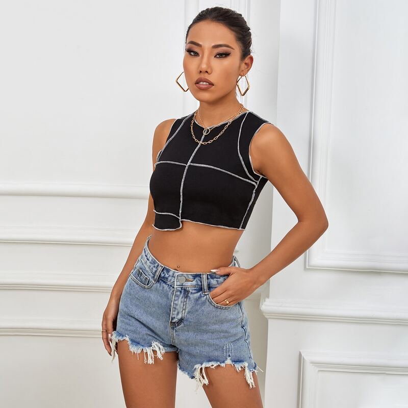 

Topstitching Asymmetrical Hem Tank Top, Black