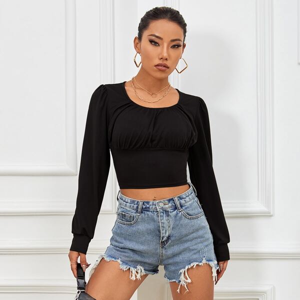 

Solid Ruched Bust Crop Blouse, Black