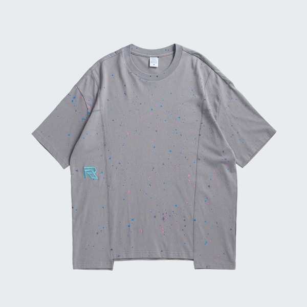 

Men Asymmetrical Hem Embroidery Splash Ink Tee, Grey
