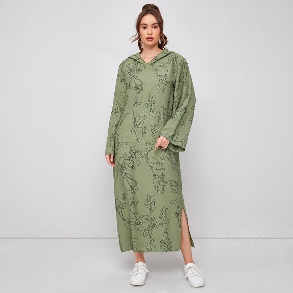 

Floral Print Hooded Split Tunic Dress, Army green