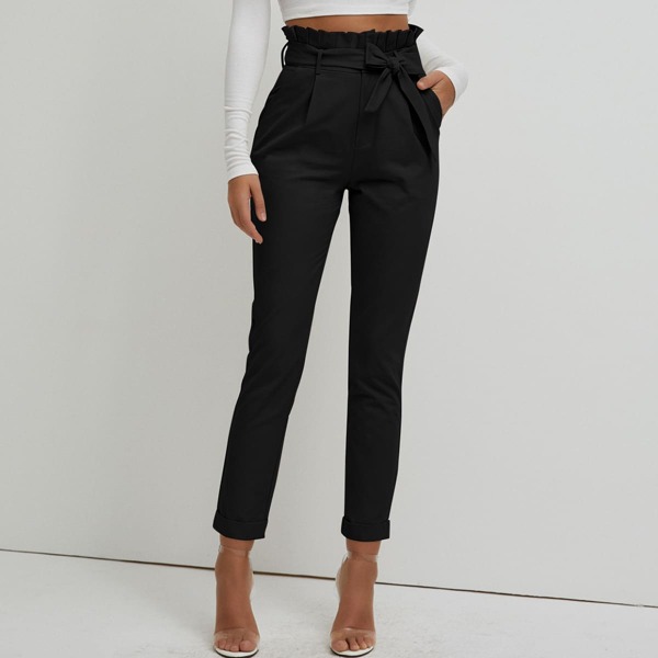 

Paperbag Waist Belted Pants, Black