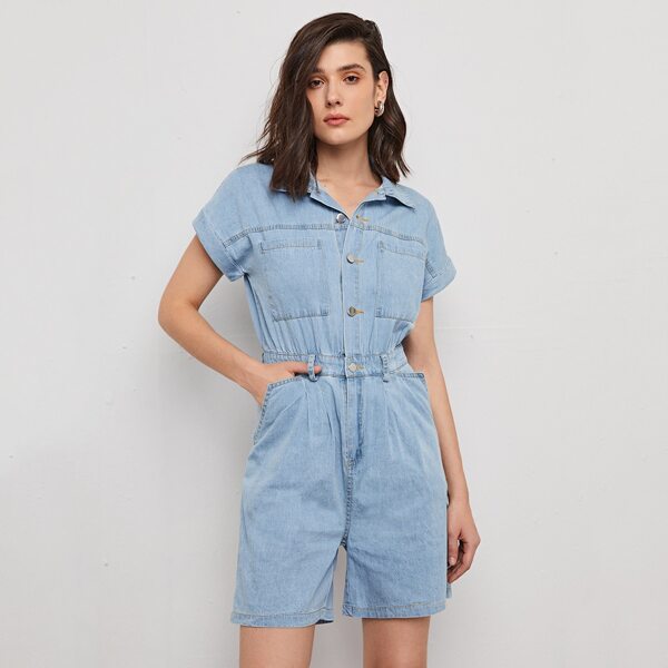 

Pocket Side Denim Shirt Romper, Light wash