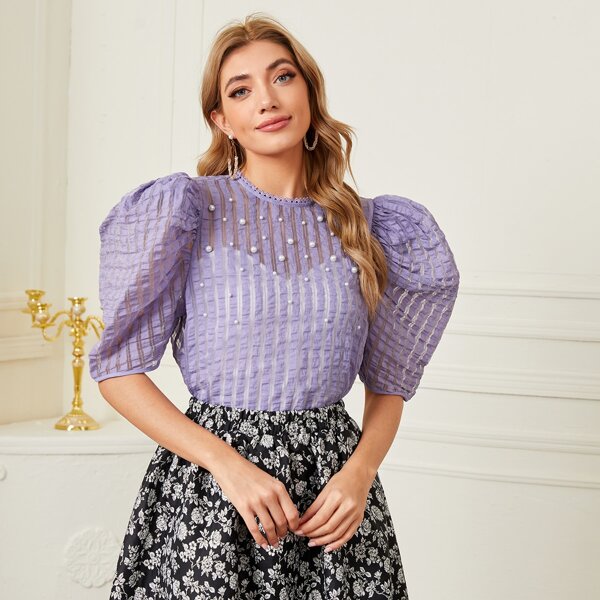 

Pearls Beaded Puff Sleeve Top, Lilac purple