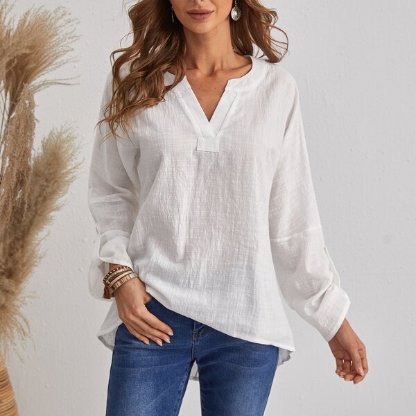 

Notch Neck High Low Tunic Blouse, White