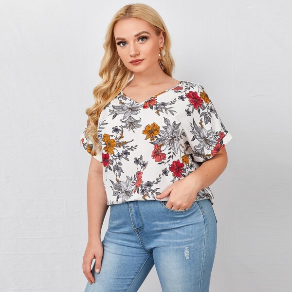 

Plus Floral Roll Up Sleeve Top, Multicolor