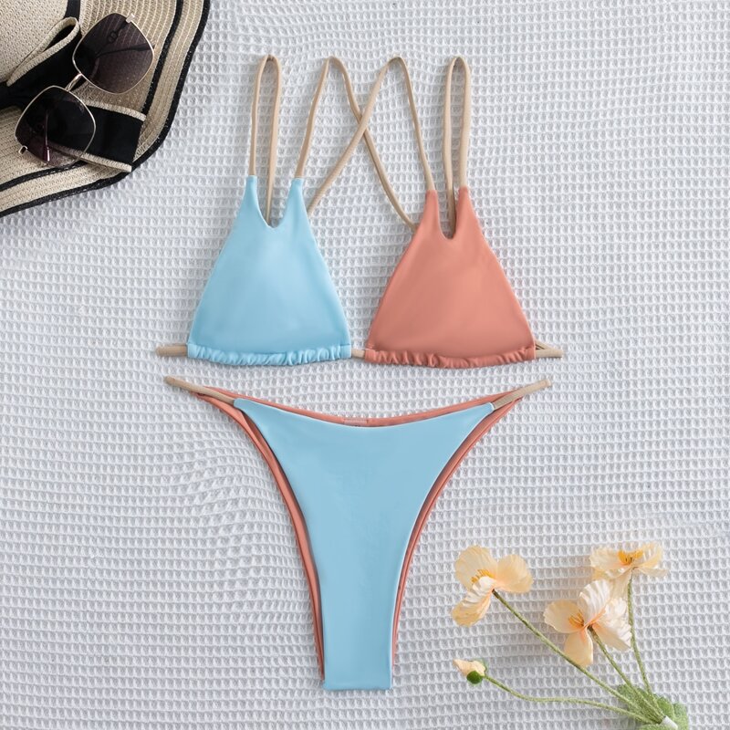 

Color Block Triangle Thong Bikini Swimsuit, Multicolor