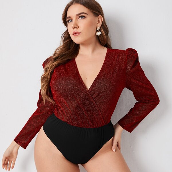 

Plus Surplice Front Glitter Bodice Bodysuit, Burgundy