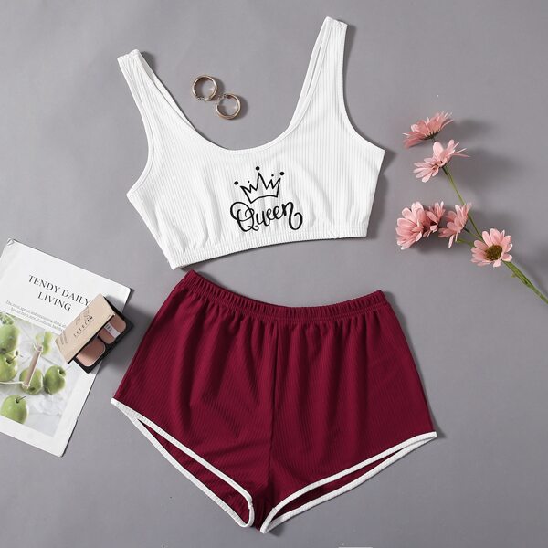 

Letter Graphic Contrast Binding Pajama Set, Red and white