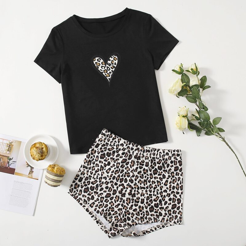 Leopard & Heart Print Pajama Set, Multicolor