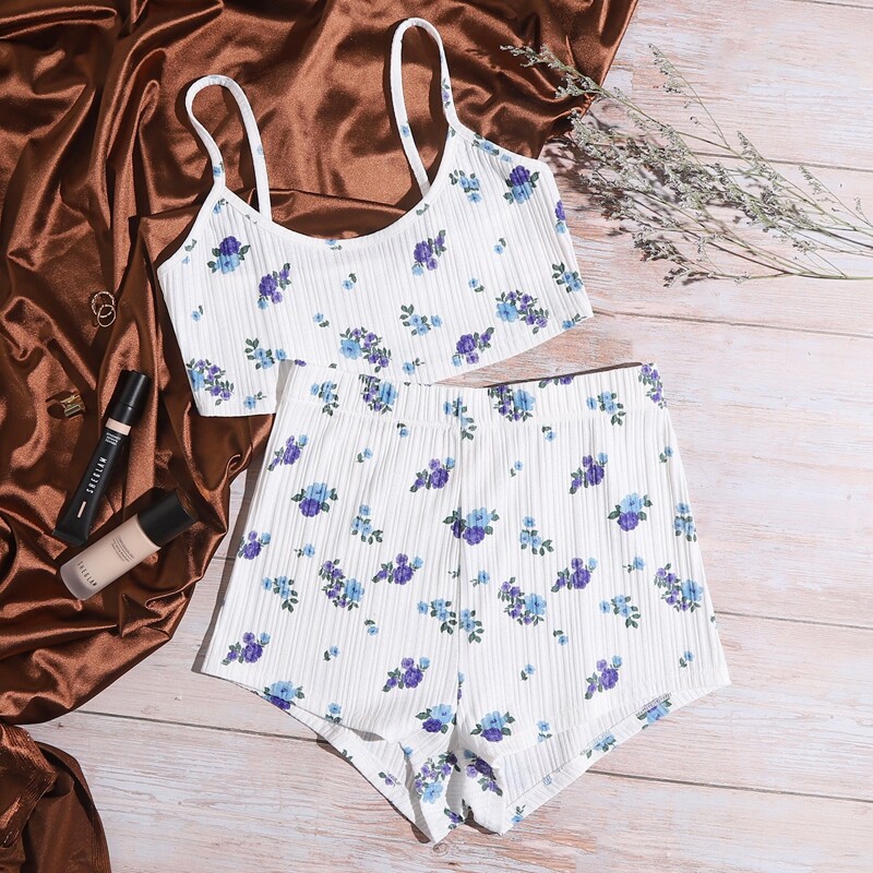 

Rib Floral Print Pajama Set, Multicolor
