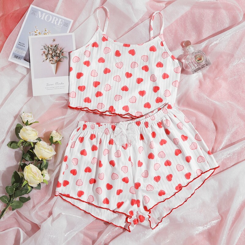 

Allover Heart Print PJ Set, Red and white
