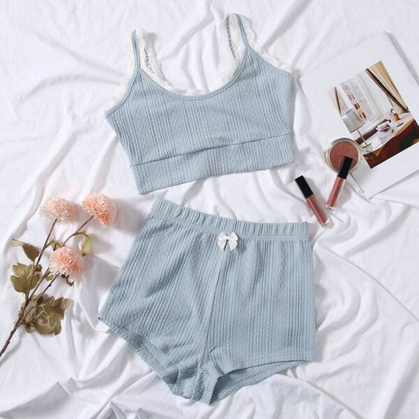 

Cable Knit Lace Trimed Bow Lounge Set, Dusty blue