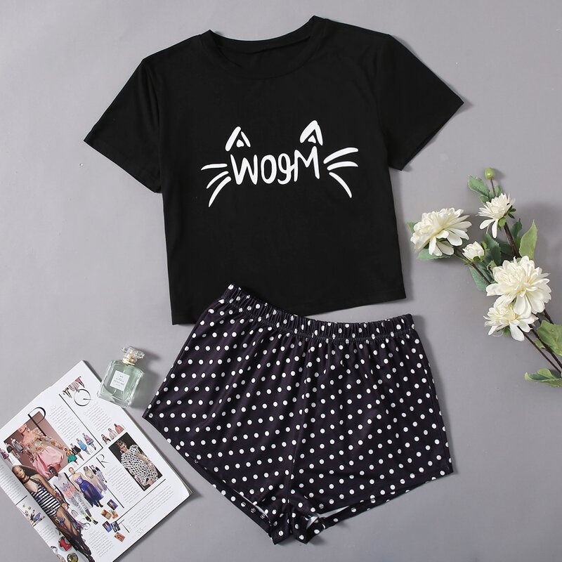 

Cartoon & Letter Graphic Tee & Polka Dot Shorts Pajama Set, Black