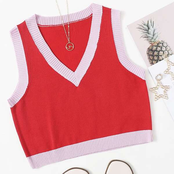 

V Neck Sweater Vest, Red