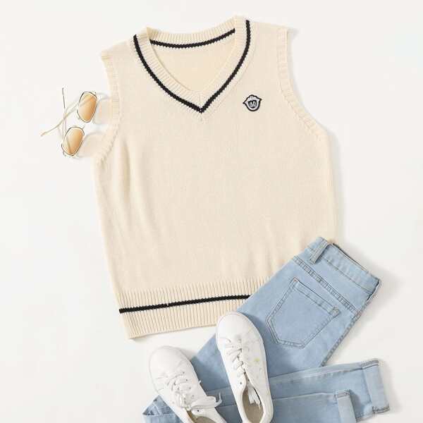 

Striped Trim Sweater Vest, Apricot