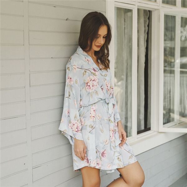 

Floral Print Belted Robe, Multicolor