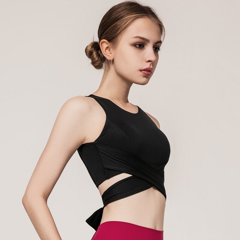 

High Support Criss Cross Tie Backless Sports Bra, Black
