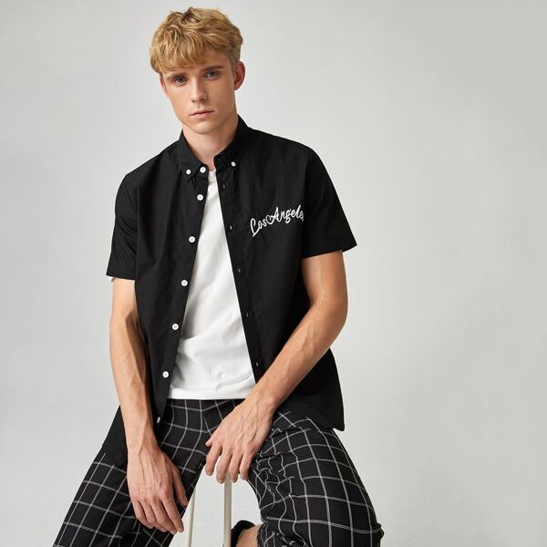 

Men Letter Embroidered Single Breasted Shirt, Black