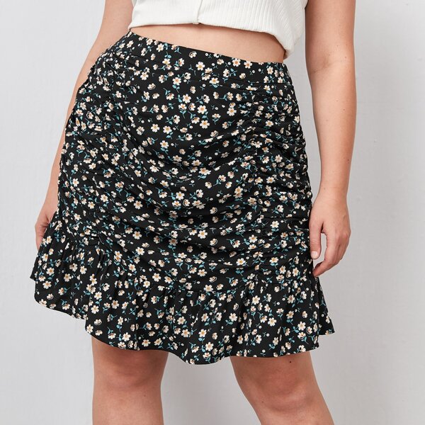 

Plus Ditsy Floral Ruched Ruffle Hem Skirt, Multicolor