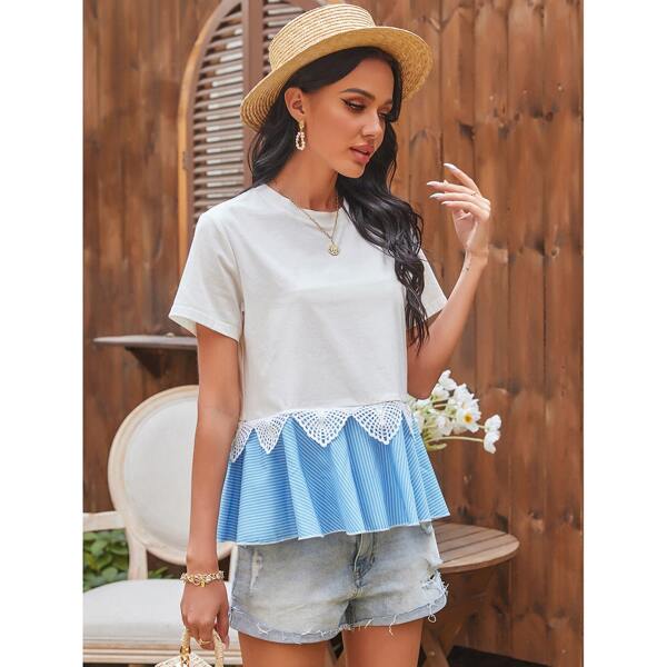 

Contrast Striped Ruffle Hem Tee, Blue and white