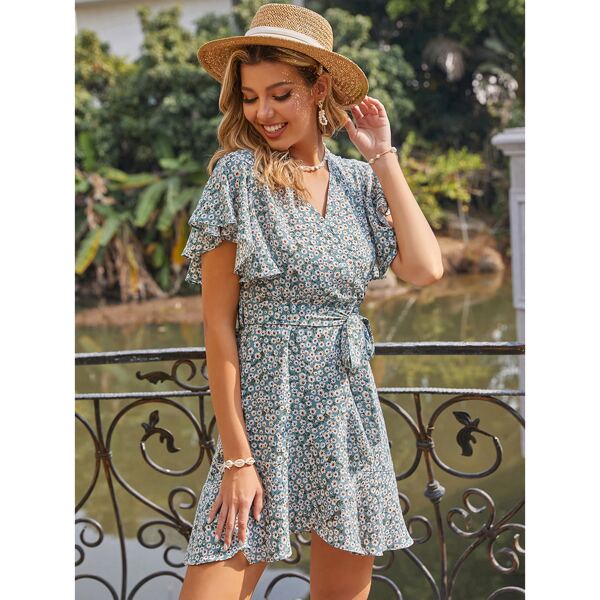 

Ditsy Floral Print Butterfly Sleeve Belted Wrap Dress, Multicolor