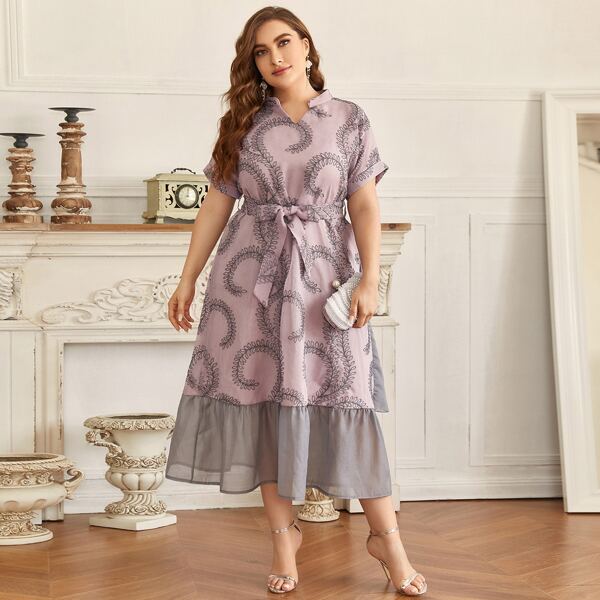 

Plus Plants Print Ruffle Hem Belted Dress, Multicolor