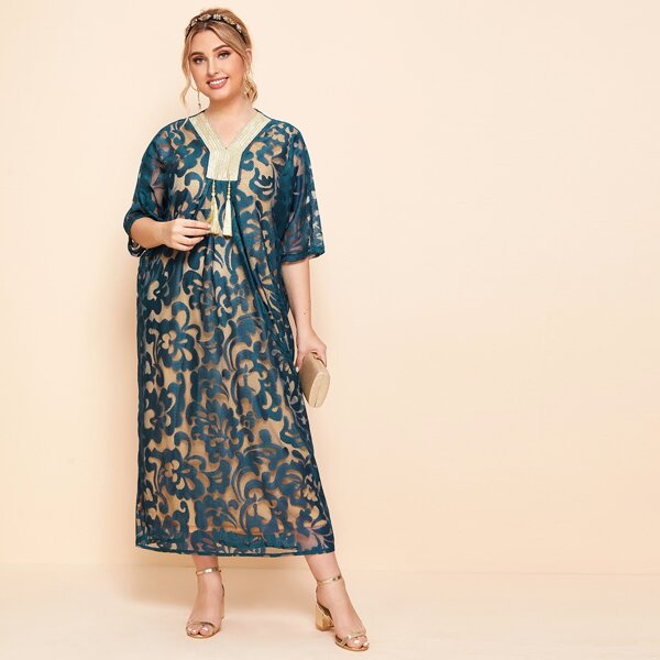 

Plus Fringe Floral Print Dress, Multicolor