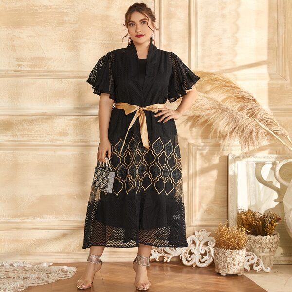 

Plus Geo Print Self Tie Coat With Dress, Black