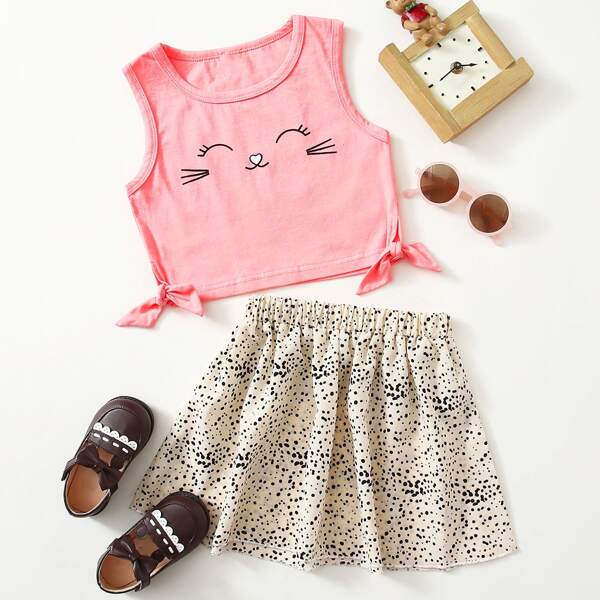 

Toddler Girls Cartoon Graphic Tie Side Tank Top & Skirt, Multicolor