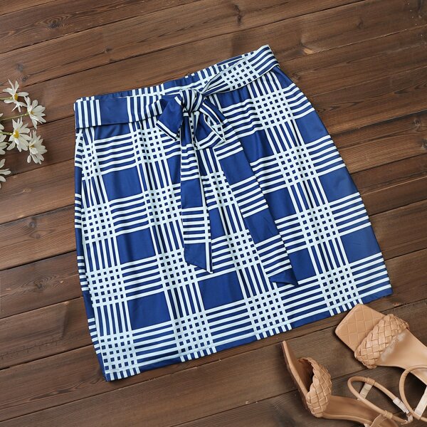 

Plus Plaid Belted Skirt, Blue and white