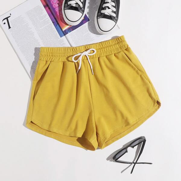 

Solid Drawstring Track Shorts, Yellow