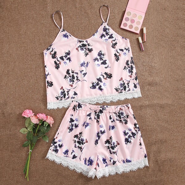 

Plus Floral Print Lace Trimed PJ Set, Baby pink