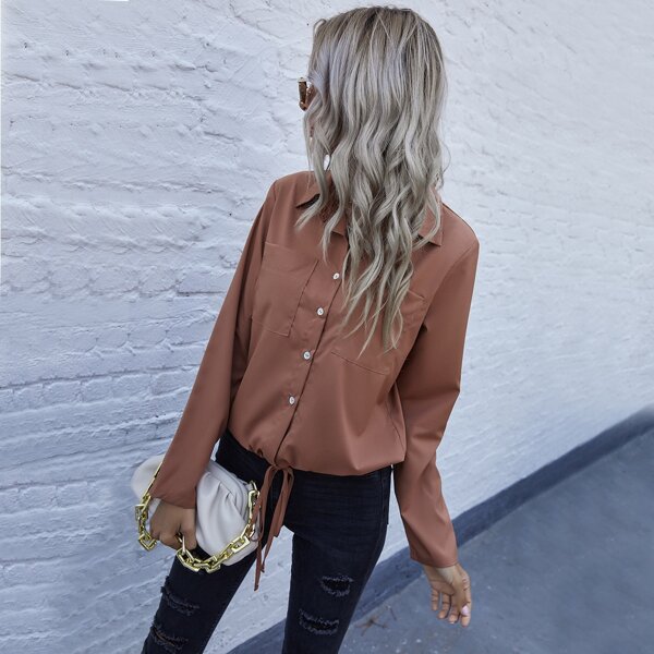 

Pocket Patched Tie Hem Blouse, Rust brown