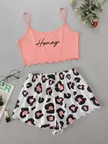 Letter Graphic Lettuce Trim Pyjama Set - Multicolor - View 1