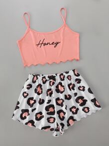 Letter Graphic Lettuce Trim Pyjama Set - Multicolor - View 5