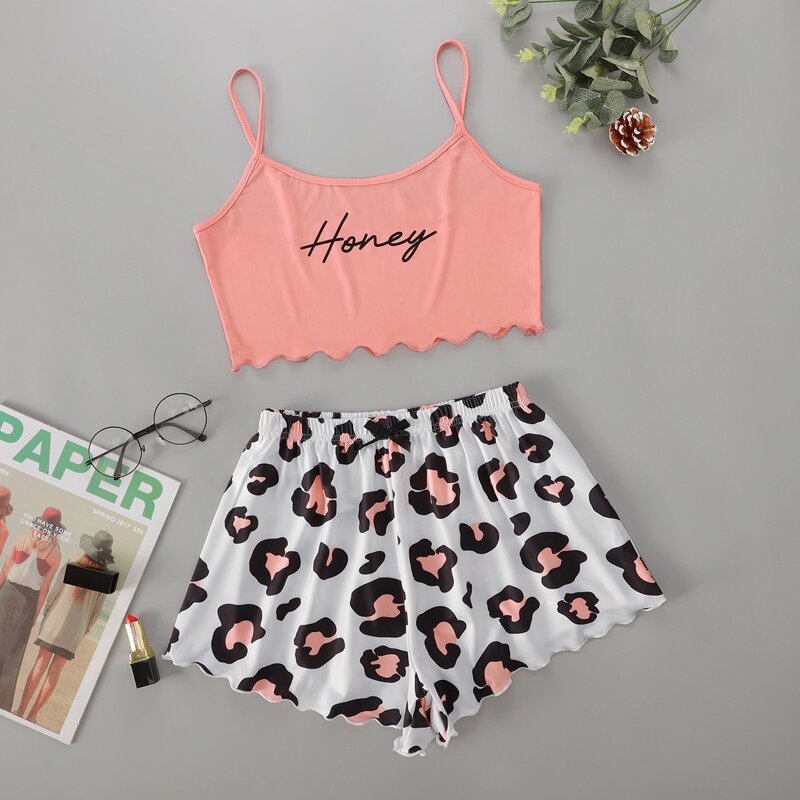 

Letter Graphic Lettuce Trim Pajama Set, Multicolor