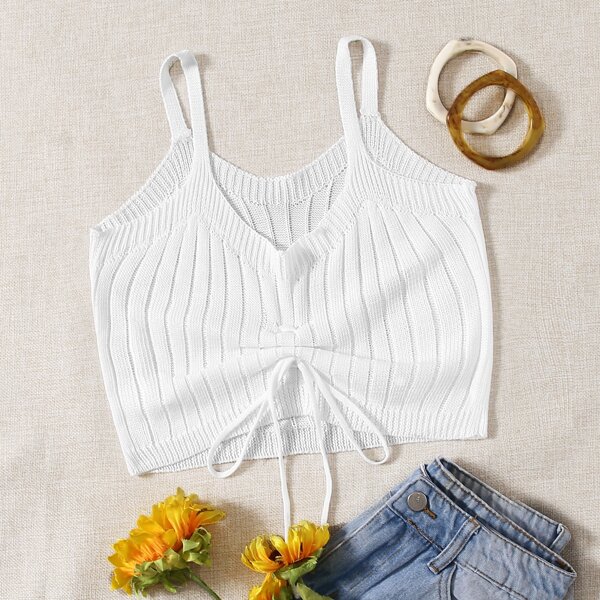

Drawstring Front Crop Knit Top, White