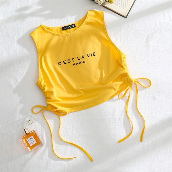 

Ruched Drawstring Side Slogan Graphic Tank Top, Yellow