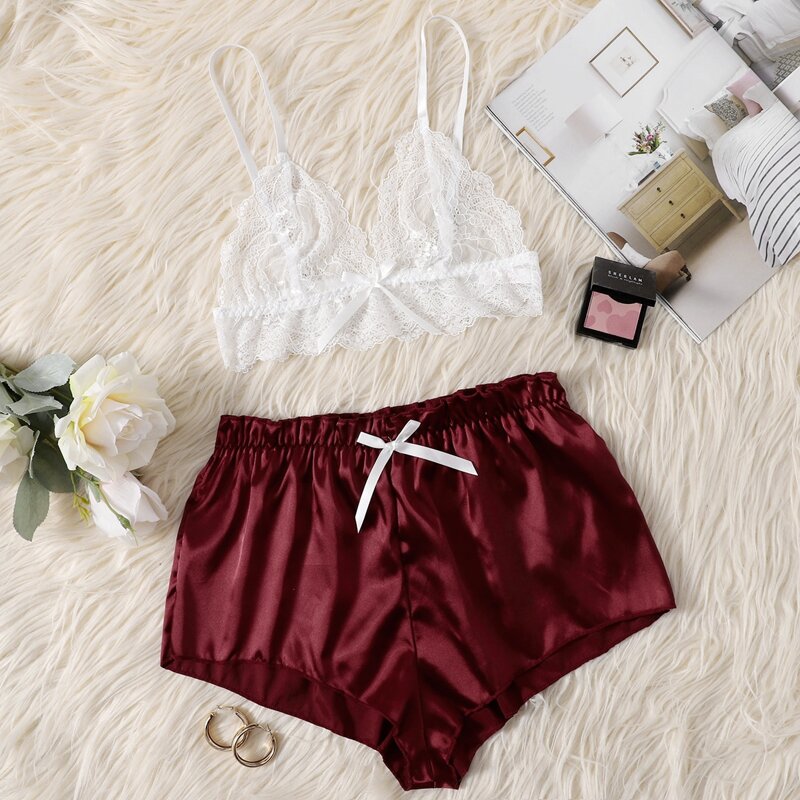 

Floral Lace Bralette & Satin Shorts Lingerie Set, Red and white