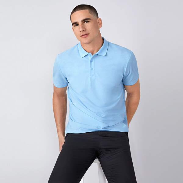Men Solid Button Detail Polo Shirt, Baby blue